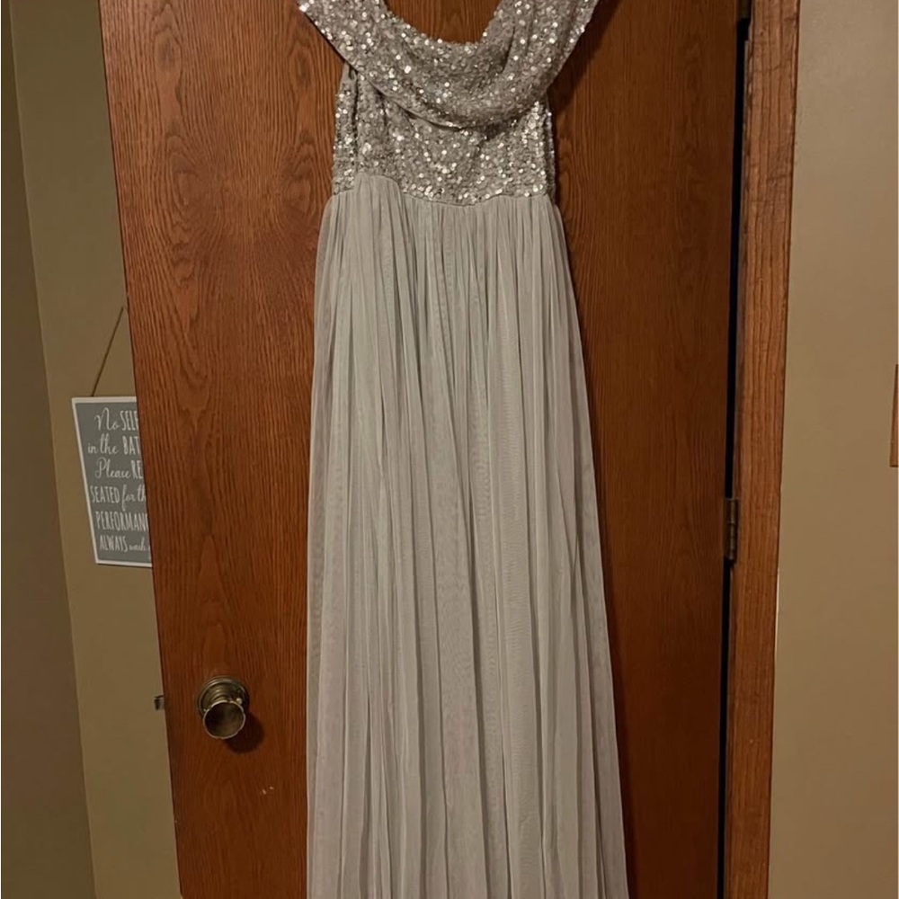 Silver Sequin Bodice Maxi Dress with Flowing Chiffon Skirt